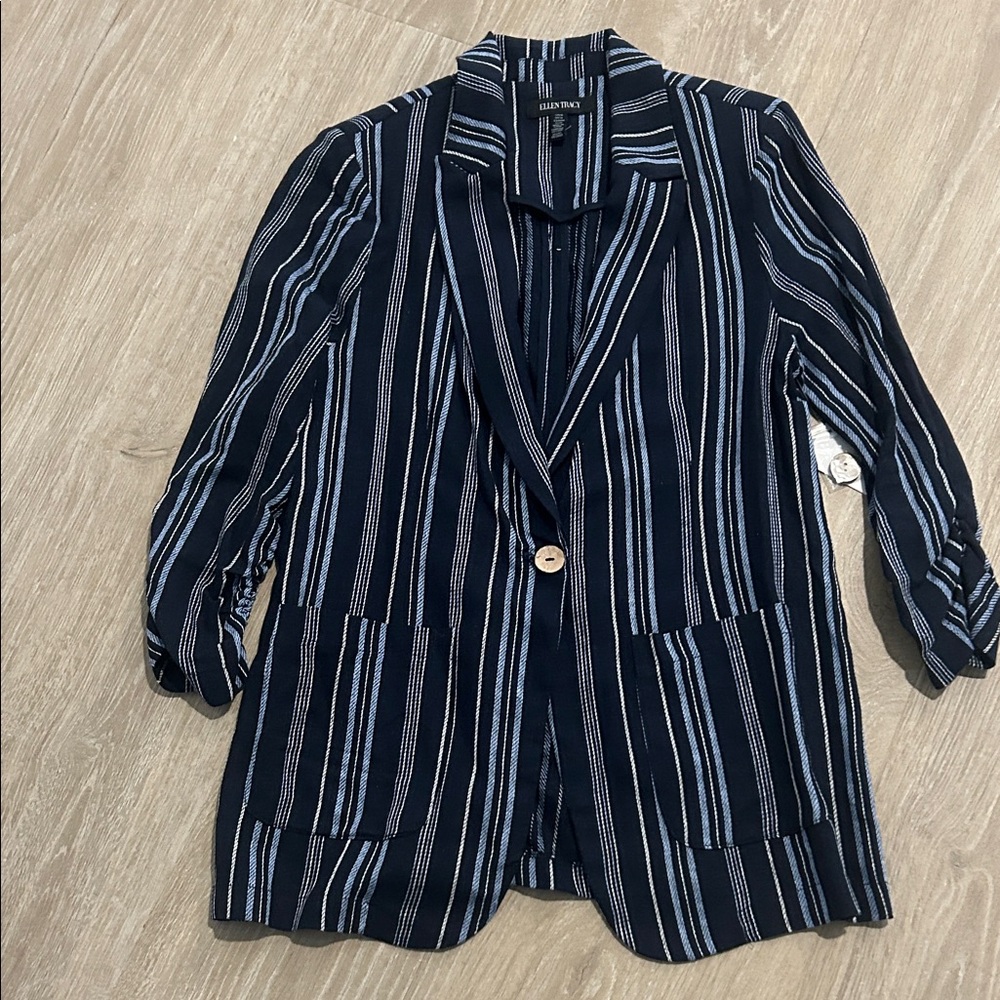 Ellen Tracy Navy Blue Striped Blazer Jacket